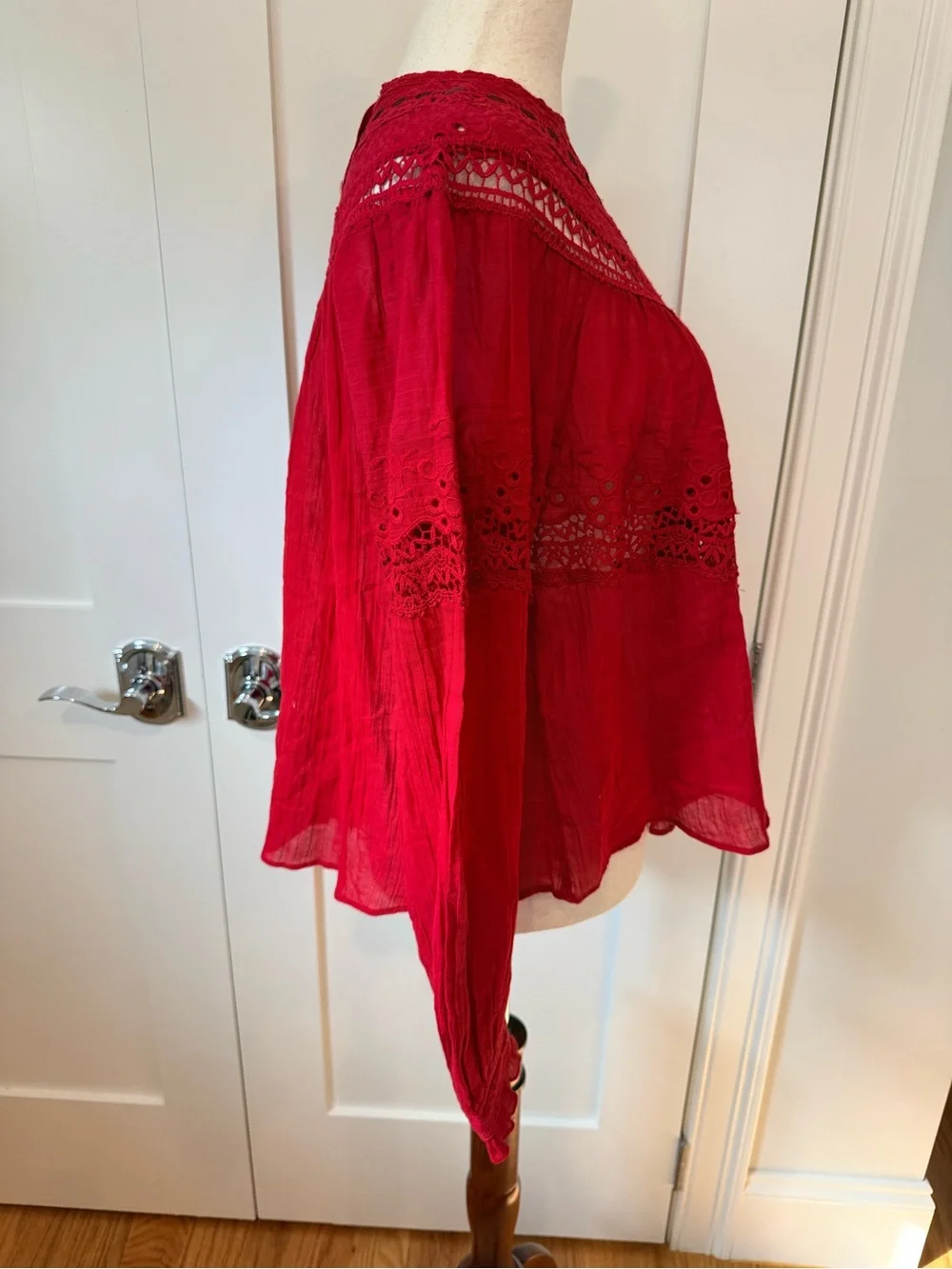 Free People Abigail Victorian Lace-Inset Red Feminine Blouse - Women Tops